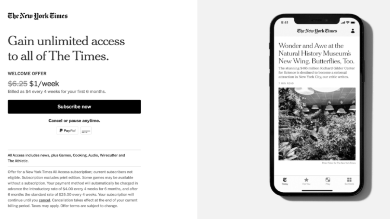 An offer for The New York Times subscription is shown on a laptop screen, and an article about a museum's new wing is displayed on a smartphone.