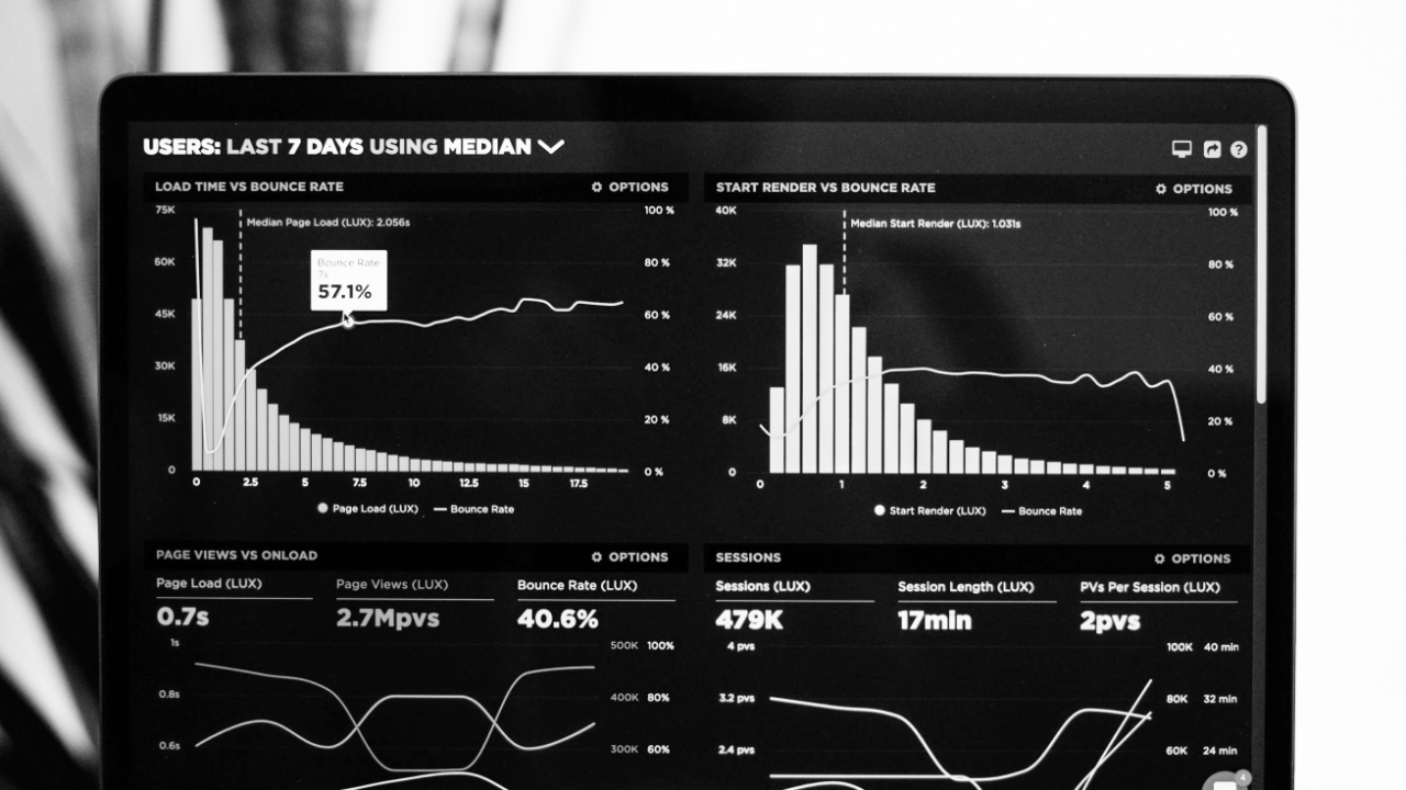 Black and white image of a laptop screen displaying website analytics charts, including bounce rates and session data over the last seven days.