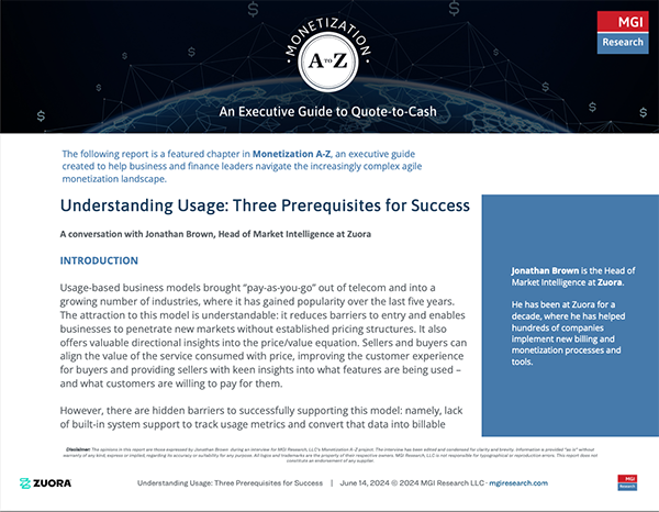 Promotional image for a whitepaper titled "Understanding Usage: Three Prerequisites for Success" by Jonathan Brown, discussing agile monetization and usage-based business models.