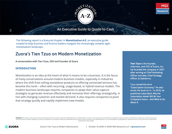 Cover of a white paper titled "Monetization A-Z" by Zuora, featuring Tien Tzuo. Includes introduction text about modern business monetization strategies.