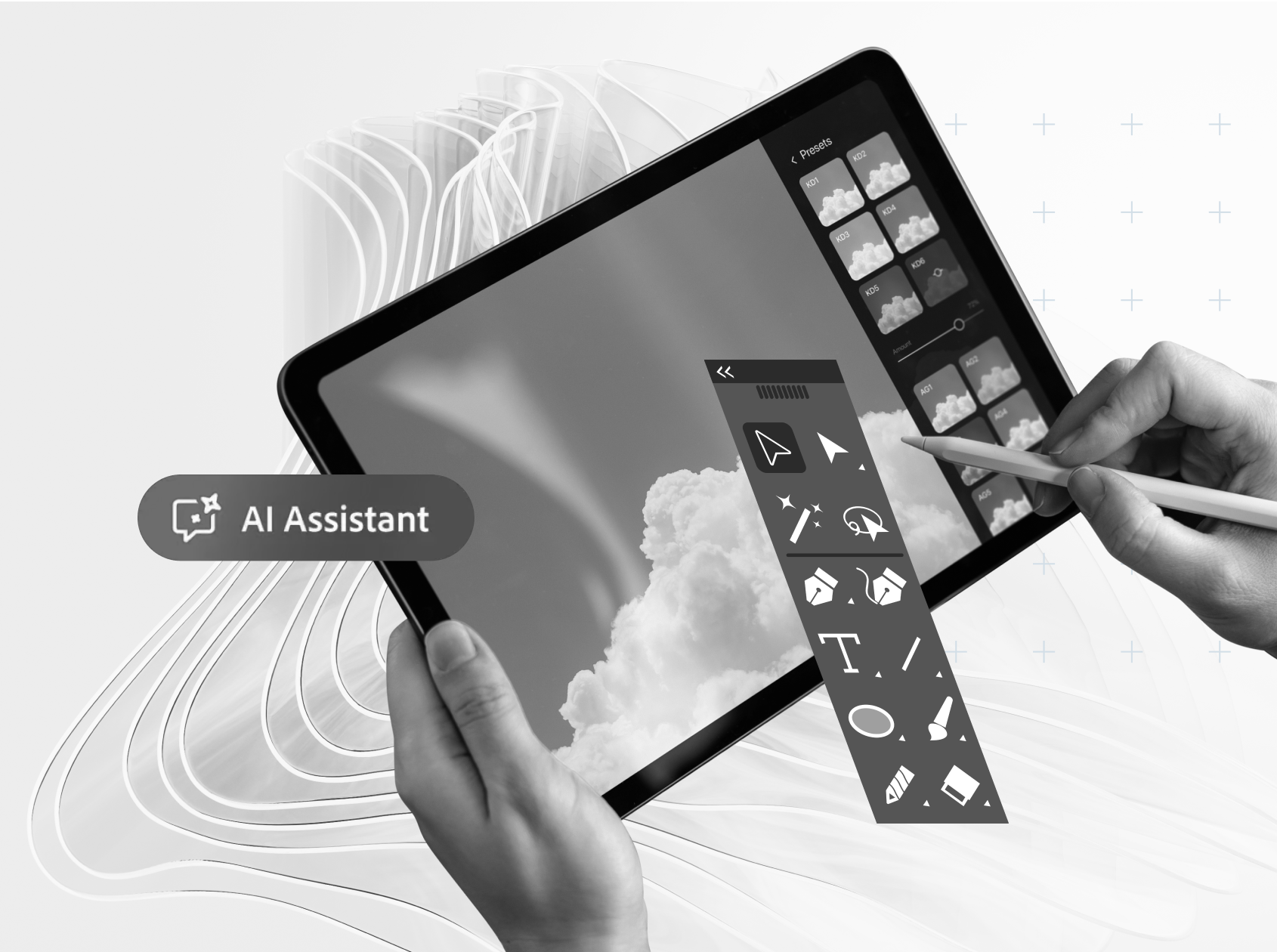 Person using a stylus on a tablet displaying photo editing tools and clouds, with an AI Assistant prompt visible on the screen.