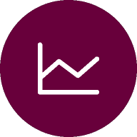 Icon of a white line graph with a zigzag pattern on a purple circle background.