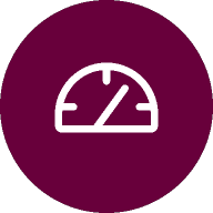 White speedometer icon on a dark maroon circle background.