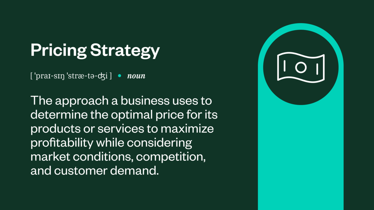 Infographic titled "Pricing Strategy," defining it as a method to set optimal prices for profitability considering market conditions, competition, and customer demand.