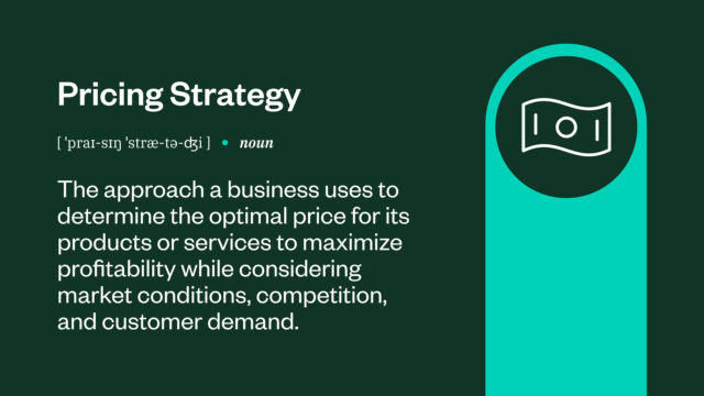 Infographic titled "Pricing Strategy," defining it as a method to set optimal prices for profitability considering market conditions, competition, and customer demand.