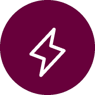 White lightning bolt icon on a maroon circular background.