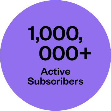 Purple circle with text reading "1,000,000+ Active Subscribers" in black, highlighting the success achieved using our recurring billing software.