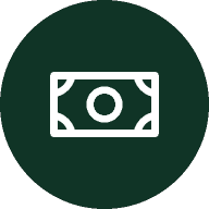 Icon of a banknote inside a dark green circle.