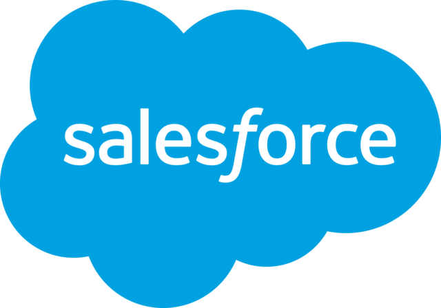 Salesforce logo featuring white text on a blue cloud-shaped background.