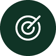 White target symbol with an arrow, centered on a dark green circular background.