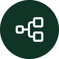 White flowchart icon on a dark green circular background.