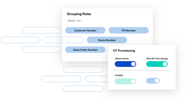 Interface displaying Revenue Recognition automation with grouping rules options and OT provisioning settings.