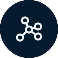 Icon of a molecule with a central circle connected to five surrounding circles, set against a dark blue circular background.