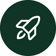 White rocket icon in a dark green circle.