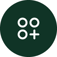 A dark green circle with a white symbol resembling three circles and a plus sign arranged in a grid pattern.