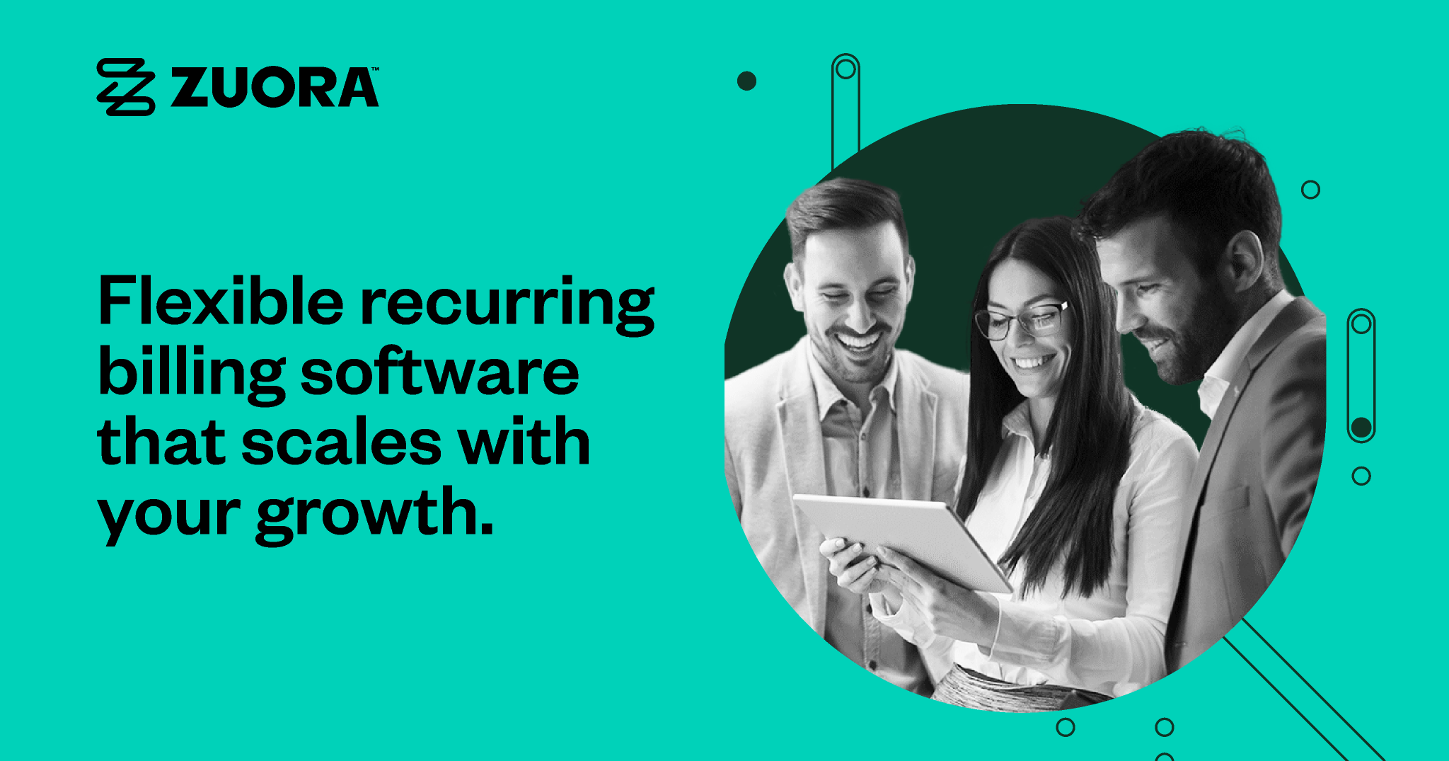 People smiling at a tablet showcasing "AI-powered subscription platform for flexible recurring billing software that scales with your growth," adorned with the Zuora logo.